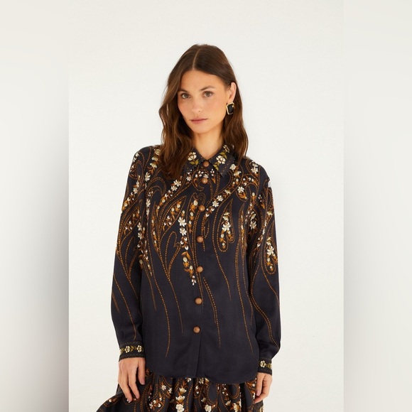 FARM Rio Tops - Farm Rio: Black Garden Printed Buttons Viscose Shirt
